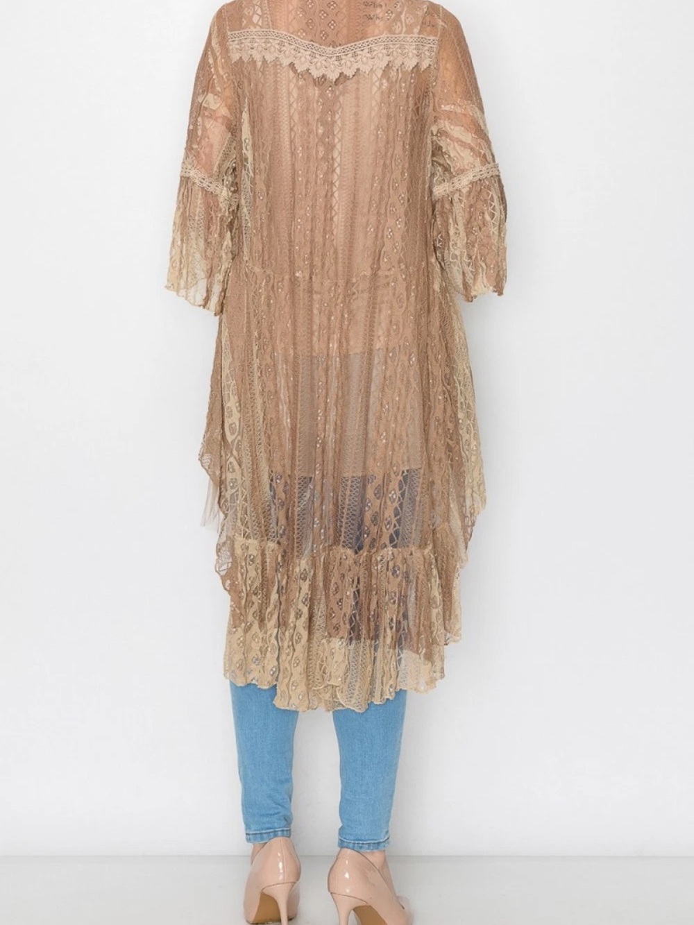 NWT Origami kimono Lace cardigan beige nude waterfall Front- layered‎ tiers XXL - Picture 6 of 16
